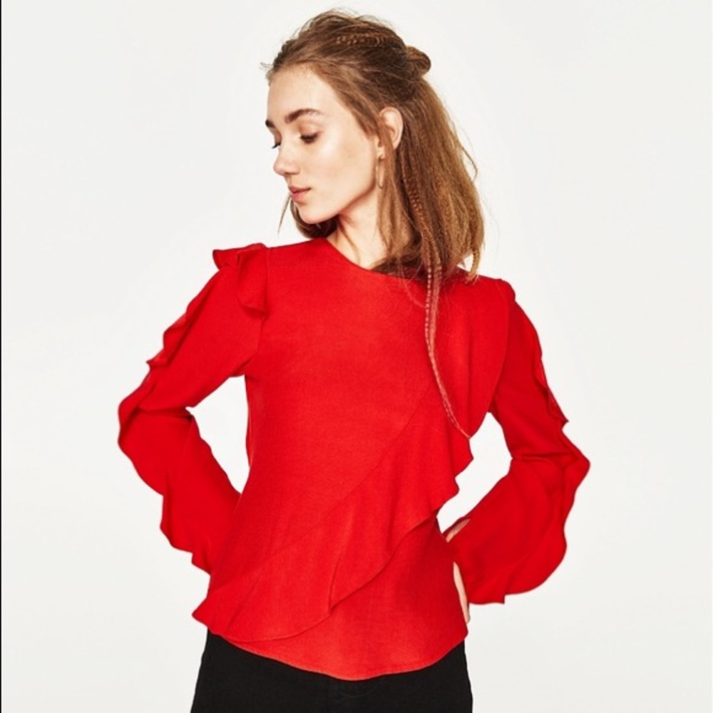 New Zara Red Ruffle Long Sleeves Top